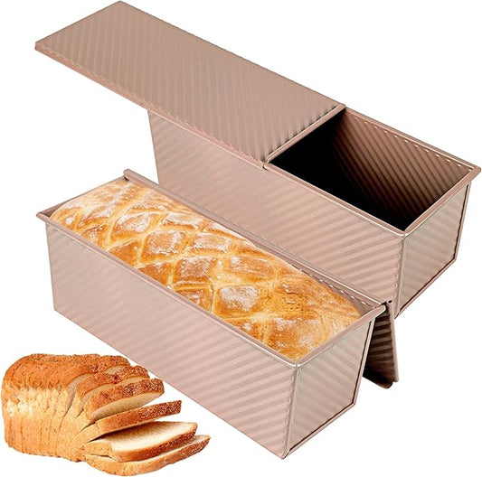 Spmarkt 2-pack 2.2lb Gold Pullman Loaf Pan with Lid, Premium Non-Stick Coating Bread Pan, PFTE and PFOA-Free, Safe and Healthy Baking for Homemade Bread with Family-sized Recipes