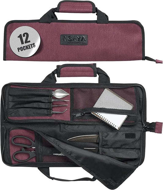 Asaya Chef Knife Roll Bag - 12 Pockets for Knives and Kitchen Utensils - Lightweight, Durable, and Stain Resistant Nylon - Perfect for the Traveling Chef - Knives not Included (Red)