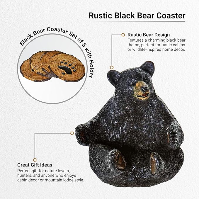 Black Bear Drink Coaster Set of 5 with Rubber Pad Base - Cool Rustic Home Table Beer and Beverage Coaster with Holder