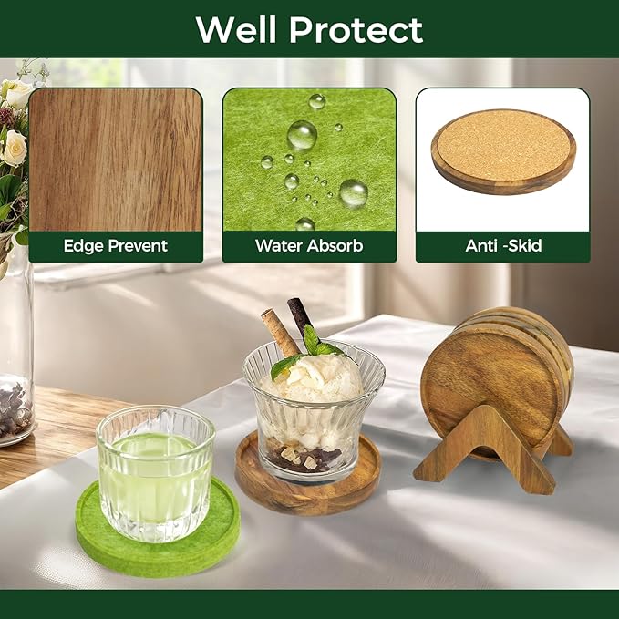 Acacia Wood Coaster Set of 8 with Holder - Dual-Material Design (4 Wood & 4 Absorbent Felt Pads) - 3" Non-Slip Furniture Protectors for Coffee Table, Home Bar & Office, Round Coaster Set