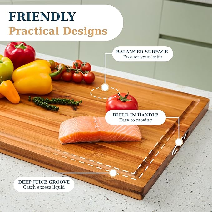 Bearchop Teak Cutting Boards for Kitchen, [20" x 15" x 1.5"] Large Edge Grain Cutting Boards, Solid Teak Wood Butcher Block Cutting Board with Juice Grooves and Handle, Knife Friendly and Reversible