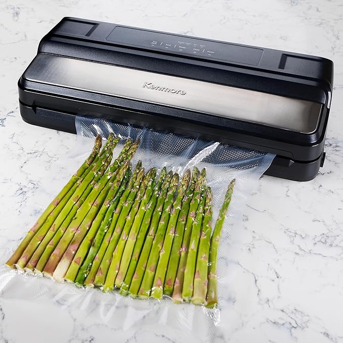 Kenmore Vacuum Sealer Machine - Food Saver Vacuum Sealer with Bags, Dry & Moist Modes, 7 Preset Settings, Includes Bag Roll, Bottle Stopper, Stainless Steel Envasadora al Vacío for Meat