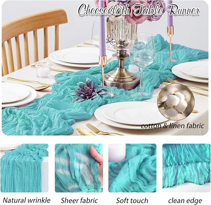 Teal Cheesecloth Table Runner 2 Pack 35" Boho Gauze Tablecloth Runner 120 inches Long Rustic Sheer Fabric Bulk for Baby Shower Wedding Bridal Birthday Party Picnic Table Decorations