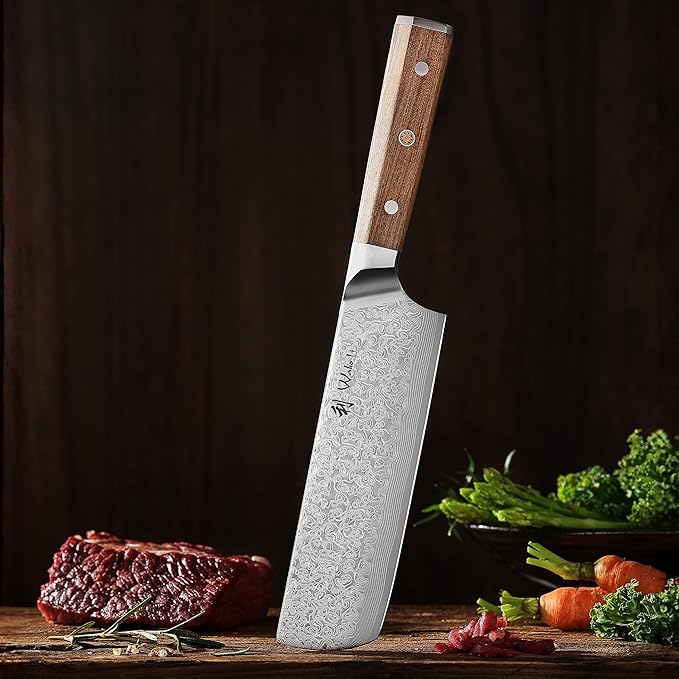 Wakoli Oribu Damascus Nakiri Knife – Full Tang Kitchen Knife | 7-Inch Blade Made of 67-Layer Damascus Steel with AUS-10 Core | Ergonomic Olive Wood Handle | Sharp & Durable