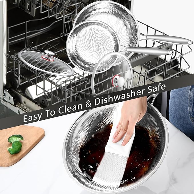 Lazycorner Hammered Non Stick Frying Pan with Lid - 12 Inch Stainless Steel Kitchen Cookware Pot Scratch-Resistant, Even Heating Cookware for All Stovetops (12in-With Lid)