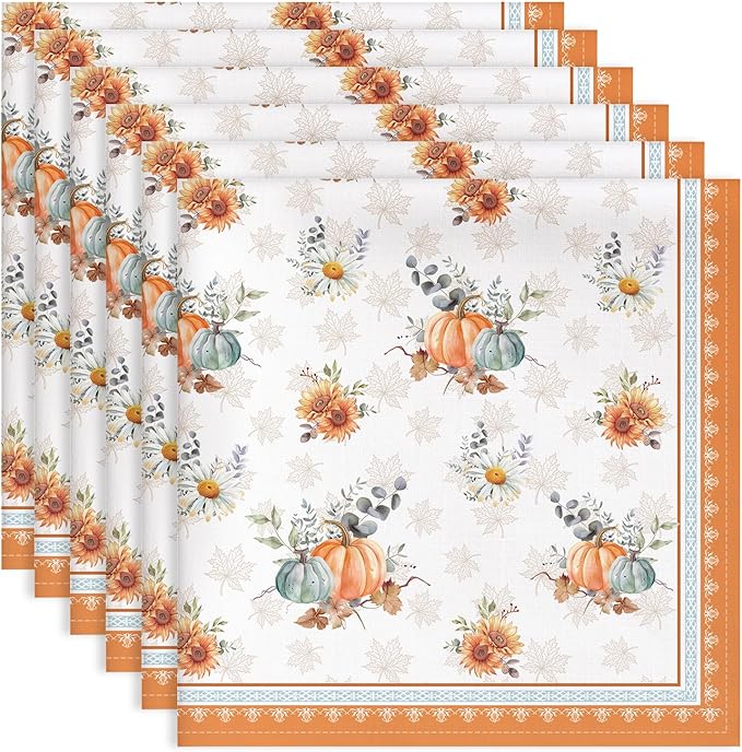 Fall Pumpkins Print Cloth Napkins 100% Cotton, 18" X 18" Dinner Napkins Cloth Set, Washable Napkins for Home, Kitchen, Dinner, Party, Wedding, Cocktail, Set of 6