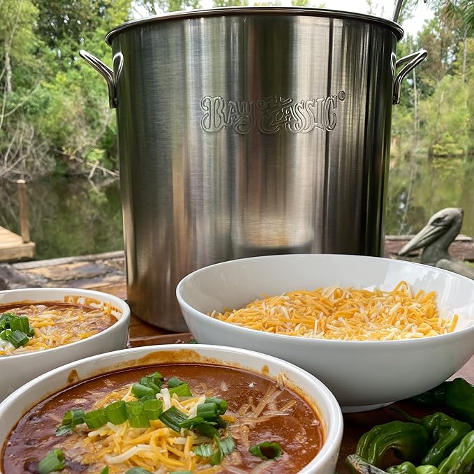 Bayou Classic 1420 20-qt Stainless Stockpot Features Heavy Duty Welded Handles for Secure Handling Domed Lid Perfect For Large Batch Cooking of Soups Stews Chili and Gumbo
