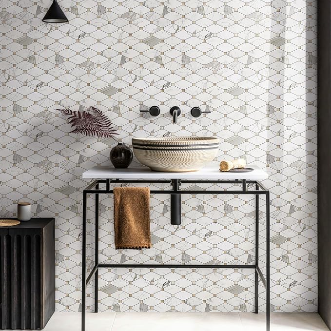 STICKGOO 10 Sheets Peel and Stick Backsplash Tile, Polished Carrara White Marble Look Stick on Backsplash for Kitchen Wall and Bathroom, Glossy Waterproof Self Adhesive Wall Tiles