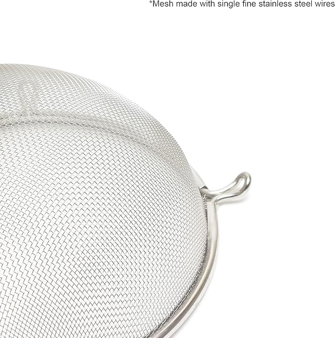 TrueCraftware- 10-Inch Single Fine Mesh Strainer Stainless Steel 10-3/4" Handle Length Black Plastic Handle- Kitchen Food Strainer Skimmer Spoon for Cooking Sieve Sifters Pasta Fruits Vegetable