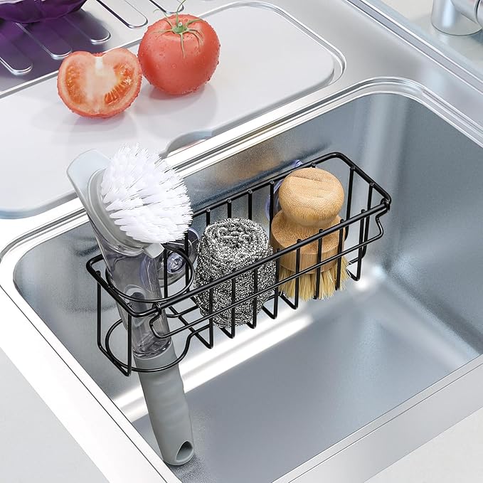 3-In-1 Sponge Holder for Kitchen Sink, 2 Type Suspension Options (Suction Cups & Adhesive Hook), Hanging Sink Organizer Rack - Sponge, Dish Cloth, Brush, Scrubber, 304 Stainless Steel - Black