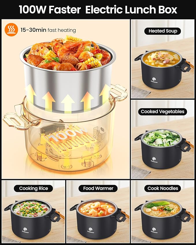 Portable Electric Lunch Box, 33 Ounce Food Warmer Cooker,12/24/110V Upgraded Heated Lunch Box for Car/Truck/Office Ideal Men & Women's Gifts,Warming Soup,Meal,Spill-Free,100W,Black
