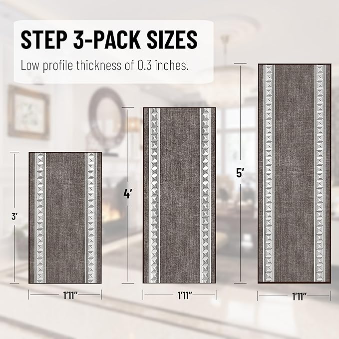 Ottomanson 3-Piece Kitchen Rug Set - Non Slip Runner & Washable Mat - 1'11" x 3' + 1'11" x 4' + 1'11"' x 5' - Durable, Stain Resistant for Entryway, Bedroom and Bathroom, Greek Border Brown