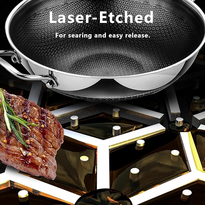 SAKAMOSH Hybrid 12 Inch Wok Pan with Lid, 5QT Stainless Steel Deep Woks & Stir-fry Pans with Flat Bottom, Stay-Cool Handle, Induction & Dishwasher & Oven Safe, Non Toxic, PFOA Free Skillet Cookware