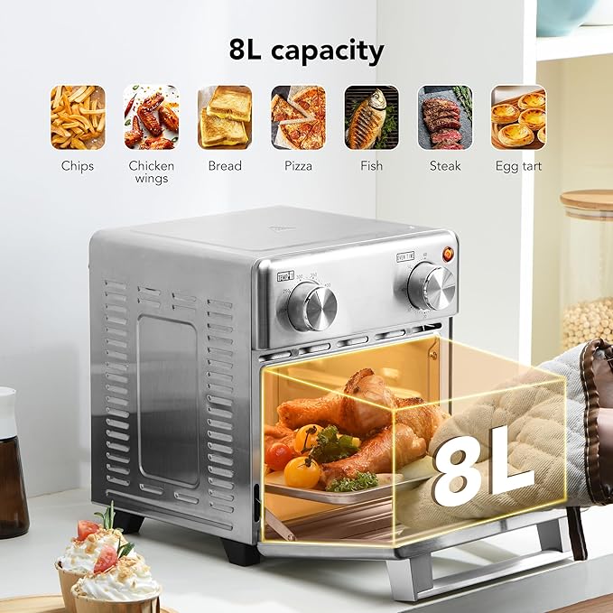 8.5QT 5-in-1 Toaster Oven Air Fryer Combo, Stainless Steel, Fast Preheat, Ideal for Small Spaces, Travel & Family, Healthy Cooking Included