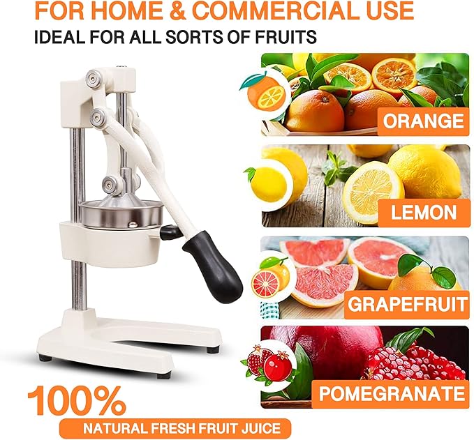 Commercial Heavy Duty Cast Iron Hand Press Manual Orange Citrus Lemon Lime Grapefruit Pomegranate Fruit Juice Squeezer Machine with Stainless Steel Cup White