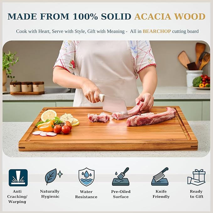 Bearchop Acacia Wood Cutting Boards for Kitchen, [24"x18"x1.25"] Extra Large Cutting Boards with Juice Groove, Handle, Gift Box, Anti Crack/Warp Design Acacia Wood Butcher Block Cutting Board