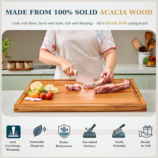 Bearchop Acacia Wood Cutting Board for Kitchen, Butcher Block with 2-Side Reinforced Bar for Crack/Warp Resistance, [17"x13"x1"] Medium Wooden Cutting Boards with Juice Groove, Handle and Gift Box