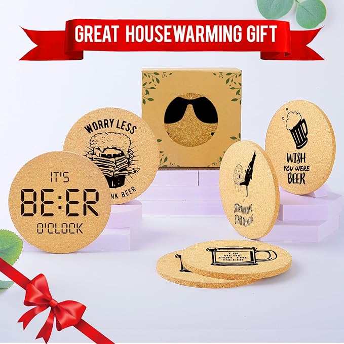 Coasters for Drinks with Holder Set of 6, Absorbent Cork Wood Coaster for Cup Desk Office Table Kitchen Decor House Warming Gifts for New Home Couples, Round 4"