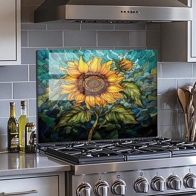 Evgosm Tempered Glass Backsplash for Kitchen， Stove Splashback, sunflower Glass Backsplash, Used for Kitchen Wall Protection and Decoration, Easy to Install and Clean. (30x20'')