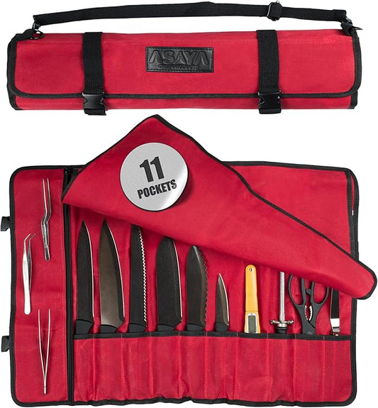 Asaya Canvas Chef Knife Roll Bag - 10 Knife Slots and a Large Zipper Pocket - Durable 10oz Canvas Knife Case with an Adjustable Shoulder Strap - Knives not Included (Red)