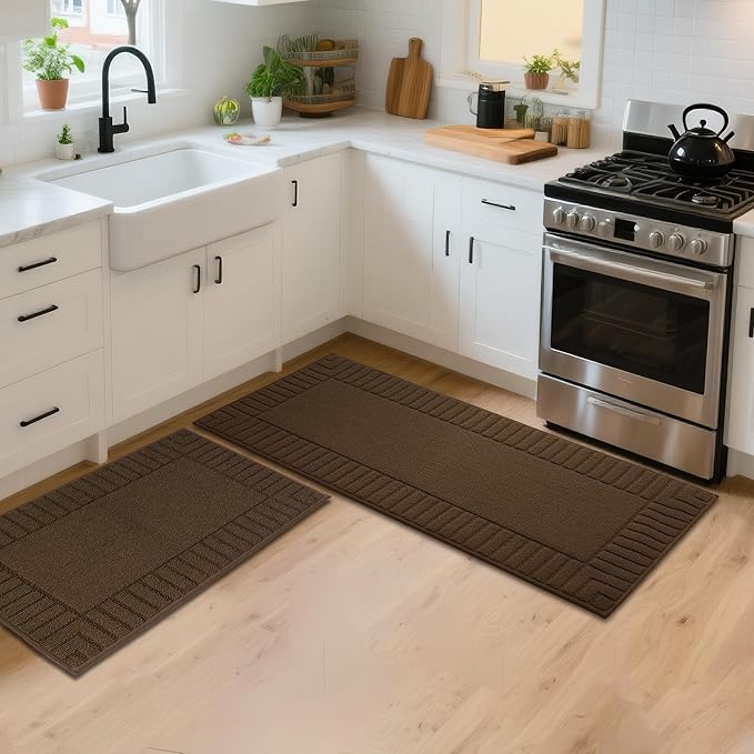 BEQHAUSE Kitchen-Rugs-Washable-Kitchen-Mats-for-Floor Non-Slip Kitchen Mats Set of 2 Absorbent Kitchen Runner Brown with TPR Backing 20x30inch/20x48inch