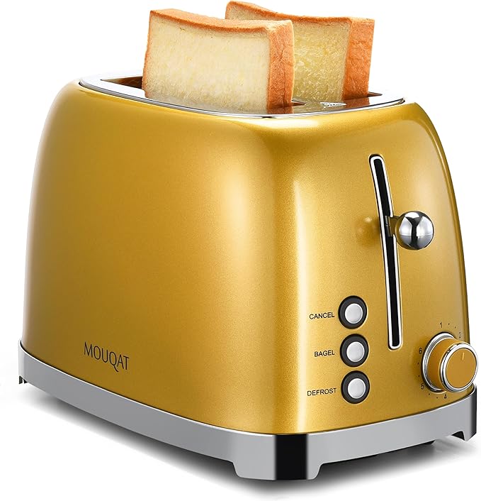 Mouqat Gold 2 Slice Toaster, Wide Slot Stainless Steel, 6 Shade Settings, Bagel, Defrost & Cancel Functions, Removable Crumb Tray, Different Toast Sizes, Cord Wrap, 825w