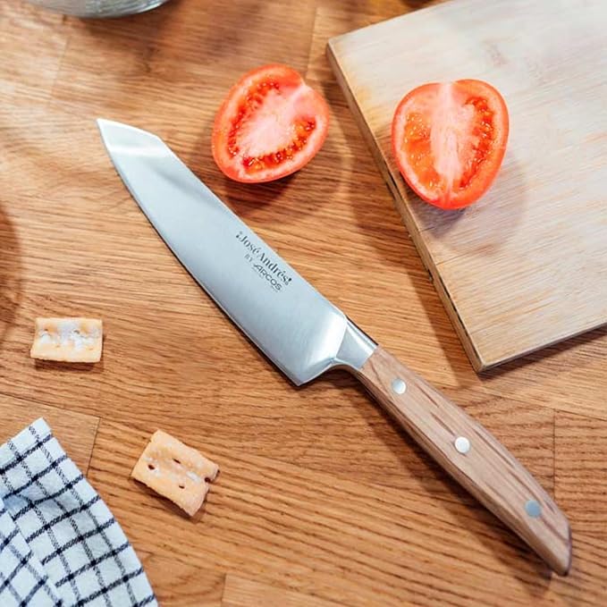 Arcos Jose Andres Rocking Santoku | 7-Inch Forged Knife for Professional Culinary Precision | NITRUM Stainless Steel Blade with Silk Edge | Ergonomic Light Brown Holm Oak Handle