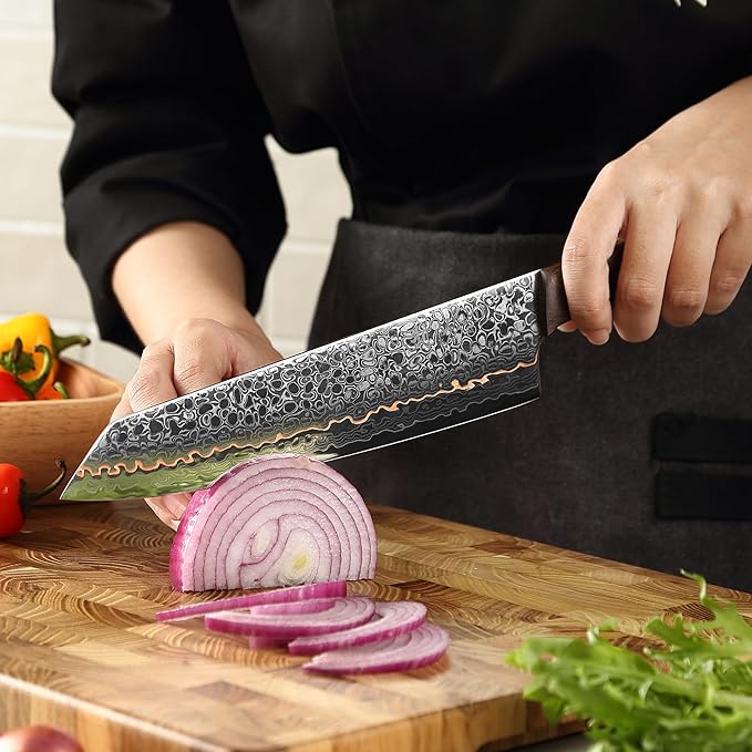 Wakoli Kawa Kiritsuke Chef Knife, 7.9-Inch Blade Kitchen Knife | 67-Layer Damascus Steel with VG10 Core | Copper Inlay | Maple Stabilized Wood Handle | Professional Chef Knife