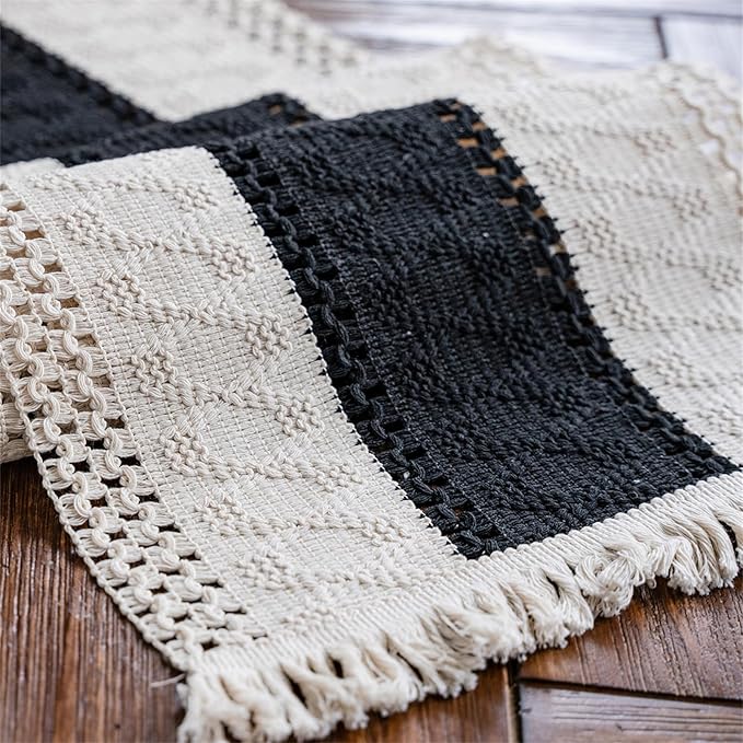 Alynsehom Macrame Table Runner Cream Beige and Black Boho Table Runners with Tassels Hand Woven Cotton Table Runner Rustic Farmhouse Table Runners for Bohemian Kitchen Dining Table(12x36in)