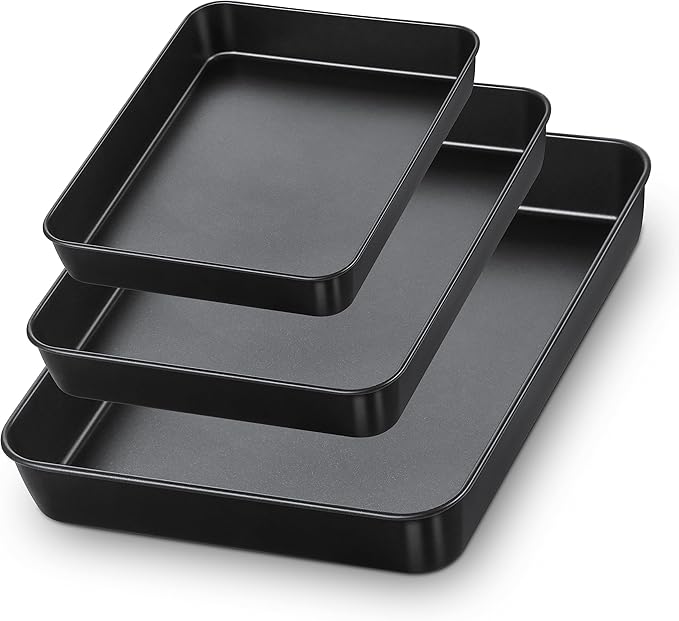 E-far Nonstick Baking Pans Set of 3, Rectangle Stainless Steel Sheet Cake Pan for Toaster Oven, 12.5/10.5/9.4 Inch, Black Bakeware for Brownie Lasagna Casserole Cake, Non-toxic & Healthy, 2 inch Deep