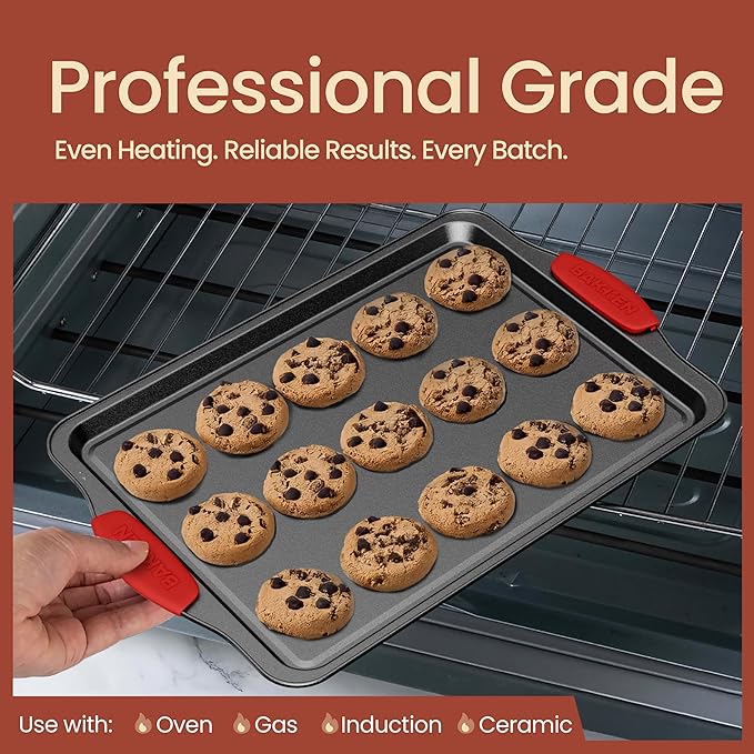 BAKKENMASTER 18-Piece Kitchen Oven Baking Set: Nonstick Gray Marble Coating, Carbon Steel Bakeware, Silicone Handles, Dishwasher Safe, Professional Quality, PFOA-Free