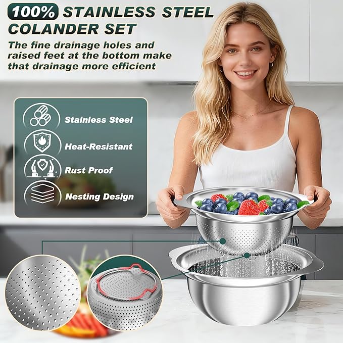 Stainless Steel Colanders with Mixing Bowl - 3.0QT & 2.0QT Strainer and Colander with Handle, 3.5QT Nesting Kitchen Bowl with Colander For Pasta, Vegetables, Fruit, Rice