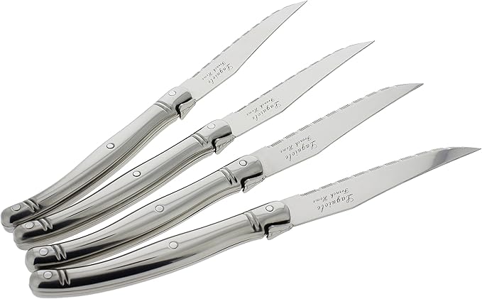 French Home Laguiole 4-Piece Steak Knife Set – Sophisticated Stainless Steel Dinner Knives with Iconic Bee Emblem – Serrated Knives for Smooth Cutting (9.25")