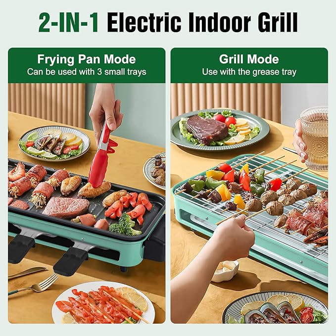 1500W Electric Indoor Grill, 2 in 1 Korean BBQ Grill for Kitchen, with Grill Net Removable Plate 3 Small Trays, 5 Temperature Control, Dishwasher Safe