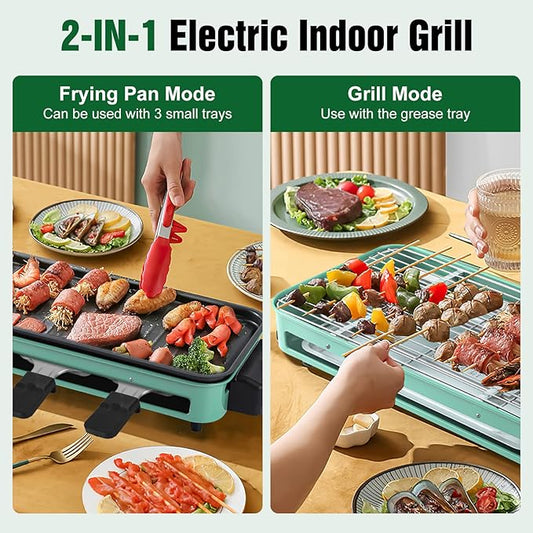 1500W Electric Indoor Grill, 2 in 1 Korean BBQ Grill for Kitchen, with Grill Net Removable Plate 3 Small Trays, 5 Temperature Control, Dishwasher Safe