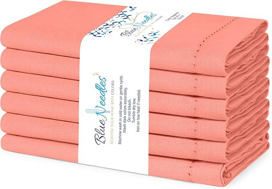 Blue Needles Set of 6 Hemstitch Linen Napkins 100% Cotton Salmon Cloth Dinner Napkins 18x18 inches, Soft, Reusable, Absorbent, Washable, Ideal for Wedding Events, Parties & Everyday Use