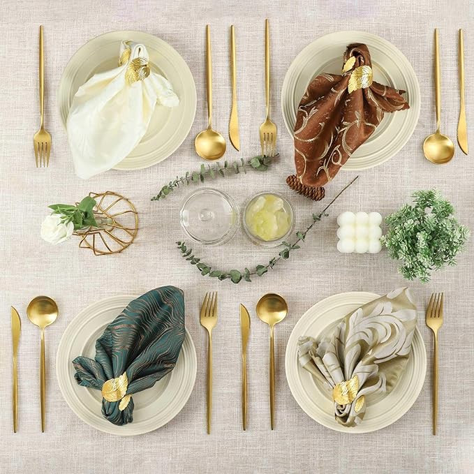 Napkin Rings Set of 24, Shiny Gold Napkin Rings, Smooth, Easy Care, Solid Metal Laurel Leaf Shaped Elegant Table Decor, Stylish Napkin Ring Bulk for Holidays Wedding, Party, New Homes Gift