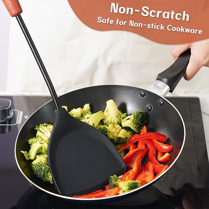 FJNATINH Silicone Wok Spatula,Turner,Ladle,Skimmer Set,Wok Tools, Wok Utensil,Non Stick Heat-Resistant Stainless Steel Cooking Utensils BPA Free Kitchen Utensils Cookware, Pack of 4,Black