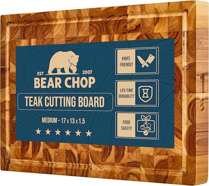 Bearchop Teak Cutting Boards for Kitchen, [17" x 13" x 1.5"] Medium End Grain Cutting Boards, Solid Teak Wood Butcher Block Cutting Board with Juice Grooves and Handle, Knife Friendly and Reversible
