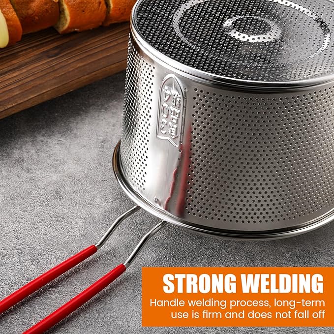 Patelai 3 Pcs Pasta Strainer 5.5" 6.3" 7.1" Metal Noodle Strainer with Long Removable Handle 304 Stainless Steel Deep Fryer Basket Pasta Noodle Basket Kitchen Colander for Washing Frying Boiling