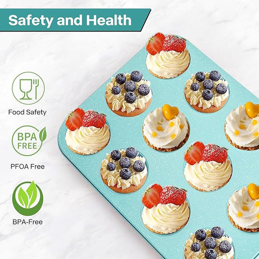 Spmarkt 2-Pack Blue 12-Cup Non-Stick Muffin Pan | Healthy Baking | Easy Cleaning Muffin Tin | Durable & Versatile Muffin Cup | Perfect for Mini Cupcakes (Blue)