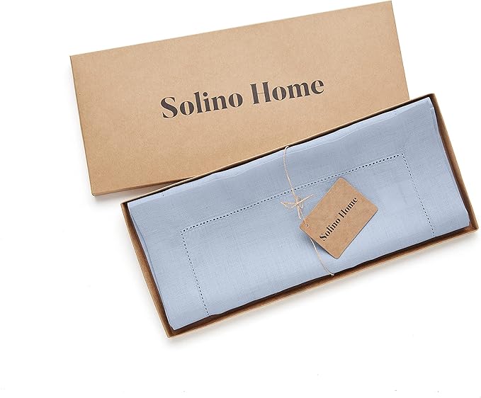 Solino Home Linen Hemstitch Table Runner 108 Inches Long - 100% Pure Linen Sky Blue Table Runner 14 x 108 Inch for Spring, Easter - Classic Hemstitch