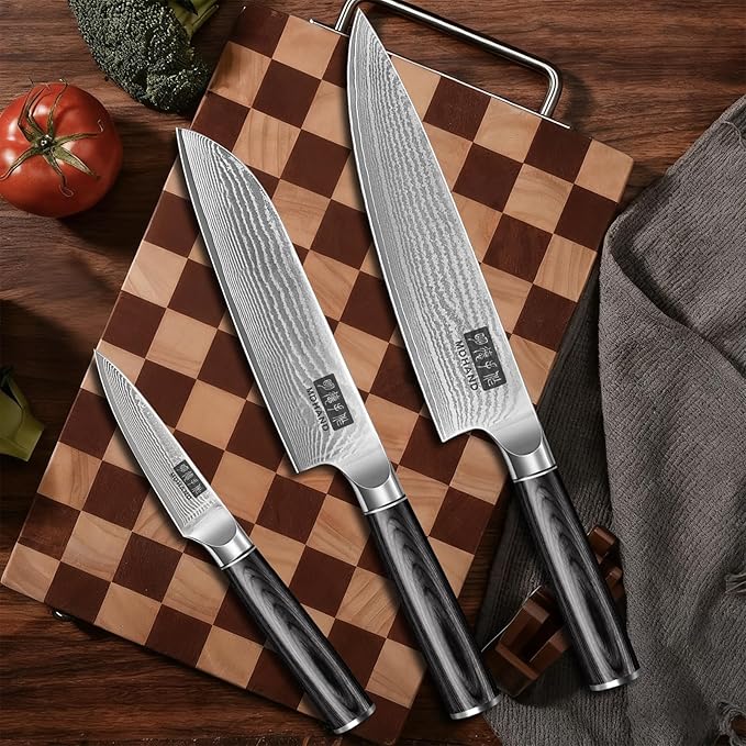MDHAND Damascus Knife Set, 3PCS Ultra Sharp 10Cr15CoMoV Super Steel Japanese Kitchen Knife, Professional Chef Knife Set with Black Pakkawood Handle, Including Chef, Santoku & Paring Knife, Elegant Box