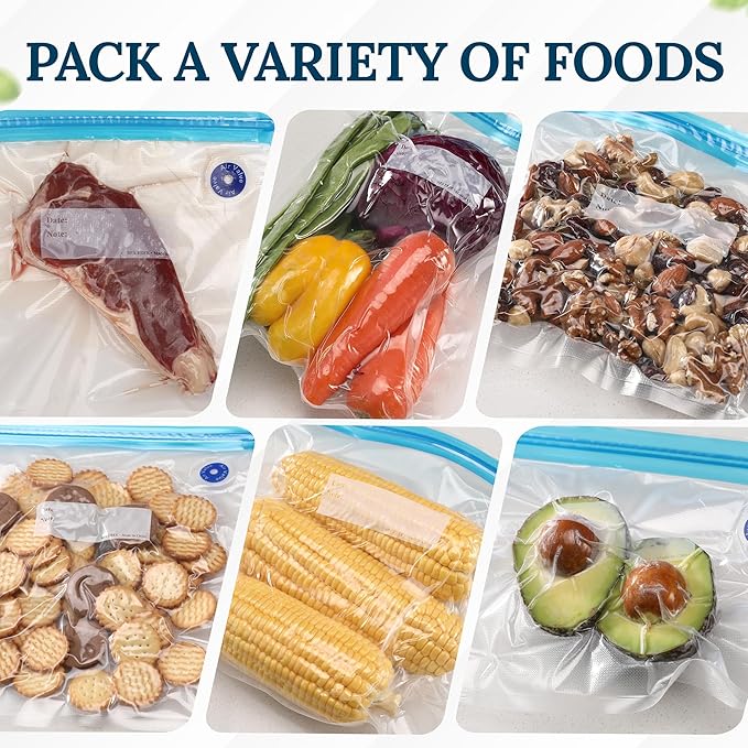 Food Vacuum Sealer Bags – 15 Pack Reusable Bags with Leakproof Zip Seal & Air Valve – Microwave, Freezer & Reusable Sous Vide (Large)