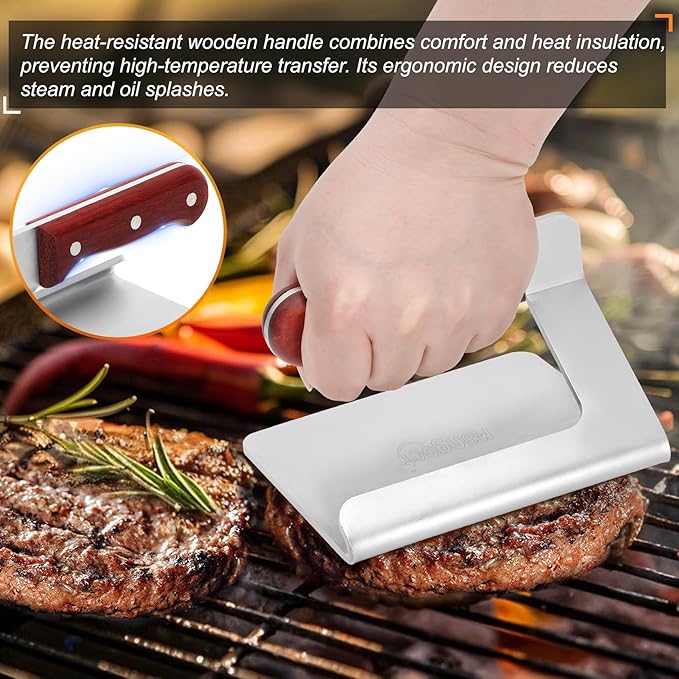 Smash Burger Press, 5.5 Inch -Heavy Duty Stainless Steel Burger Press Meat Steak with Wood Handle,Burger Tool for Smash Burgers, Bacon,Patty, BBQs and Tailgates