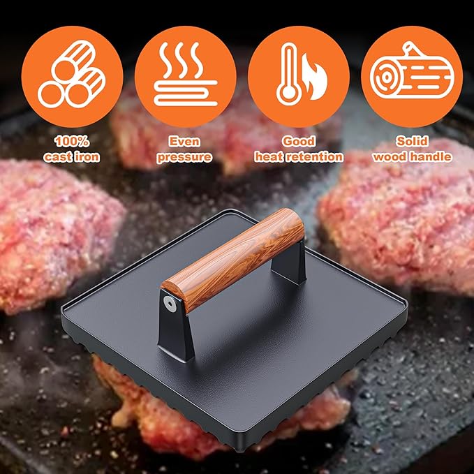 KEESHA Grill Press Set for Griddle, 10" Square Cast Iron Burger Press, Round & Square Egg Molds, Heavy-Duty Smash Steak Press with Professional Grill Marks, 5 Pounds