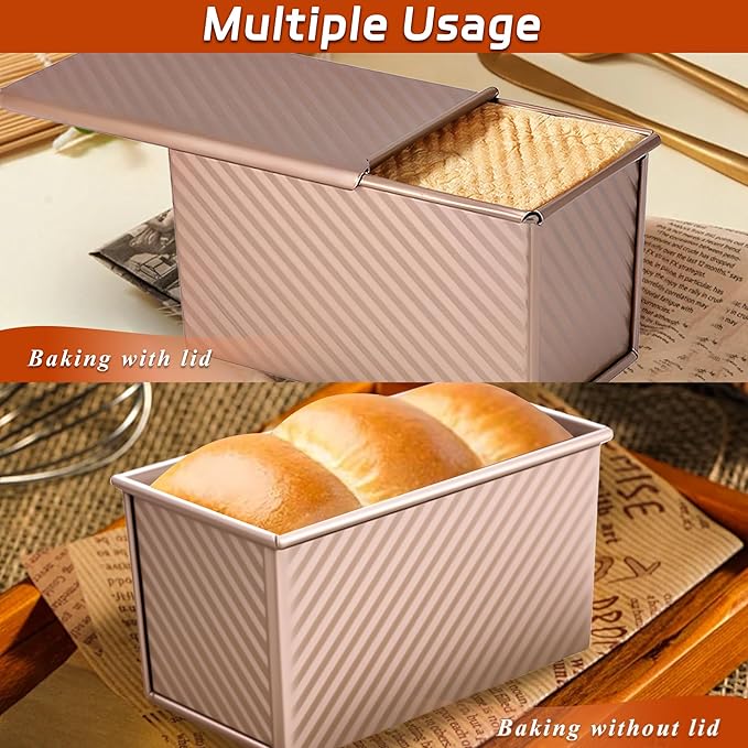 2 Pack Pullman Loaf Pan with Lid, 1 lb Dough Capacity Non-Stick Bakeware for Baking Bread, Carbon Steel Bread Toast Box with Cover, Homemade Sandwich Toast, Gold