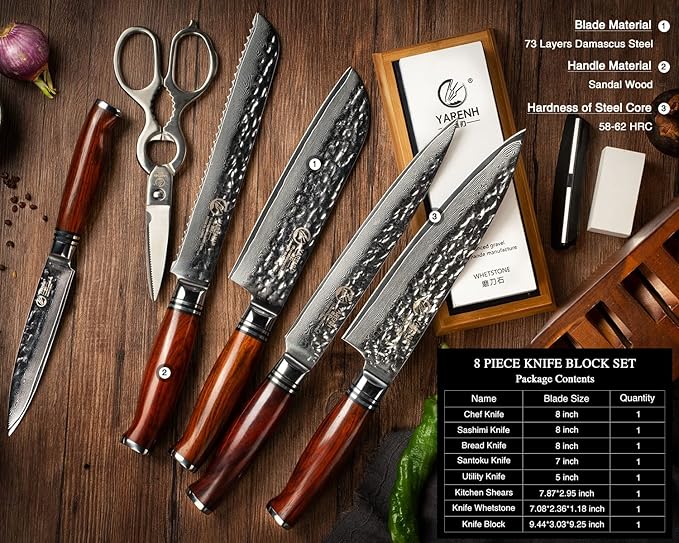 YARENH Kitchen Knife Set, 8 Piece Professional Damascus Chef Knives, Sharp High Carbon Stainless Steel Blade, 73 Layers, Full Tang, Dalbergia Wood Handle, Walnut Wooden Block and Sharpener Stone