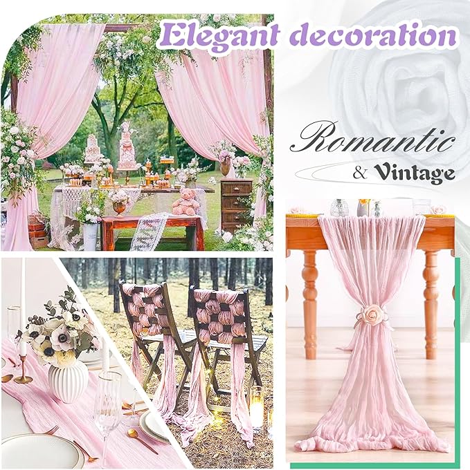 Pink Cheesecloth Table Runner 2 Pack 35" Boho Gauze Runner 120 inches Long Runner Rustic Sheer Fabric Bulk for Boho Baby Shower Wedding Bridal Birthday Party Table Decorations
