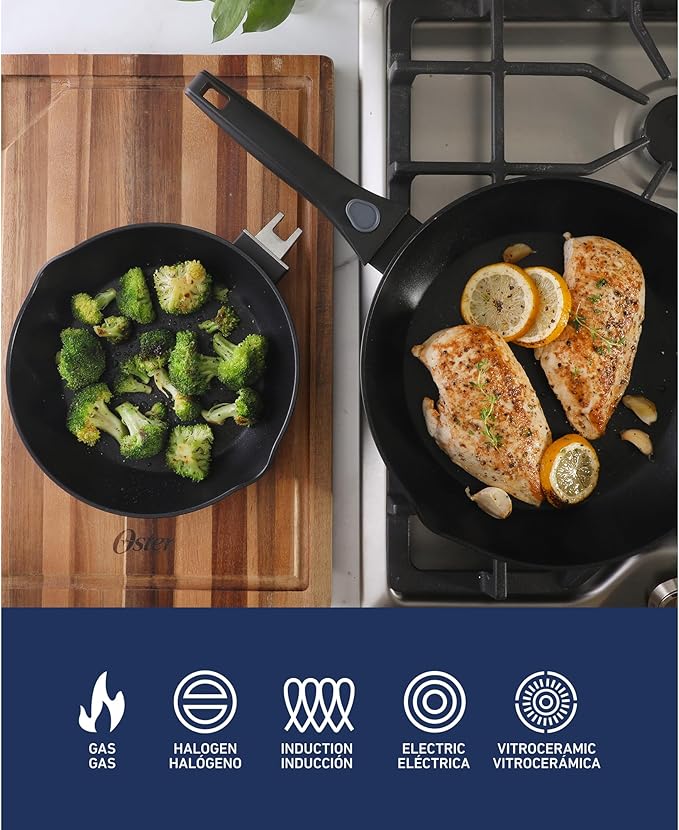 Oster SmartHandle 2-Piece Fry Pan Set, 11-Inch & 9-Inch Nonstick Skillets with Removable Handle – Oven & Dishwasher Safe, Space-Saving Cookware